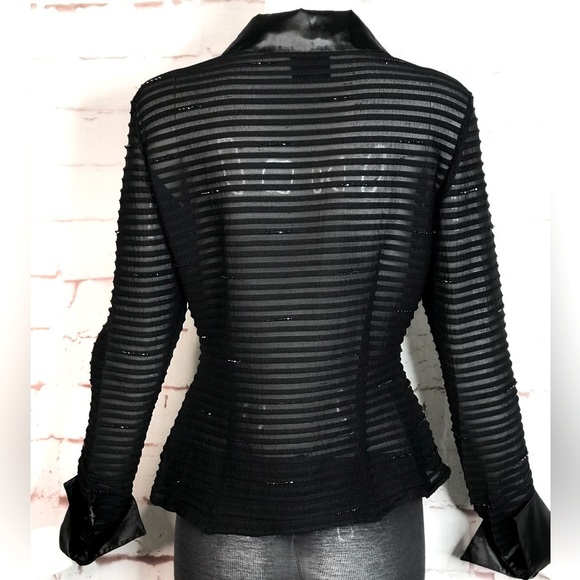JS COLLECTIONS Evening Black Semi Sheer Satin French Cuff Beaded Blouse Size 10 - Picture 5 of 15